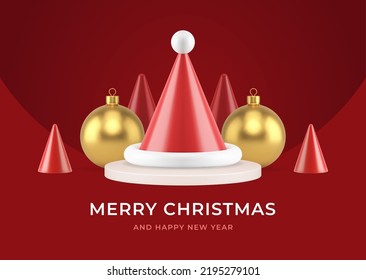 Merry Christmas premium red greeting card template realistic 3d icon vector illustration. Happy New Year congratulations banner Santa Claus hat on podium with golden spruce ball and geometric cone