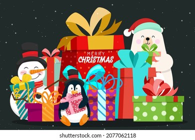 merry christmas present box with snowman and lovely animal such as penquin and polar bear on nighttime with star in background, vector illustration