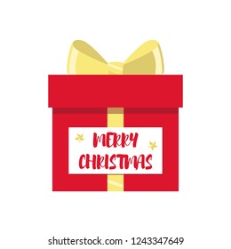 Merry Christmas. Present or gift box with gold bow and festive quote isolated on white background. Flat design for Christmas card, present, symbol of surprise. Icon, template. Vector illustration.