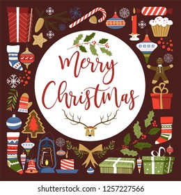 Merry Christmas presents and symbols of winter holiday vector gifts and socks baubles and stars gingerbread cookie in form of man and pine spruce decoration bows and candy sticks lollipop set.