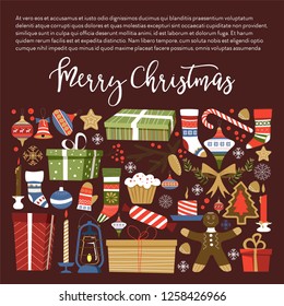 Merry Christmas presents and symbols of winter holiday vector gifts and socks baubles and stars gingerbread cookie in form of man and pine spruce decoration bows and candy sticks lollipop set.