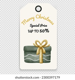 Merry Christmas price tag and offer element. Watercolor hand draw painting. Vector illustration.