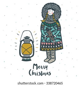 Merry Christmas Print Design. Eskimo girl with fish and lantern. Vector illustration.