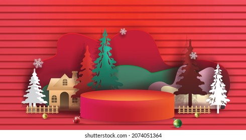 Merry Christmas  product display with copy  minimal mock up scene. geometry podium shape for show cosmetic product display. stage pedestal or platform.  red background with tree xmas. 3D vector