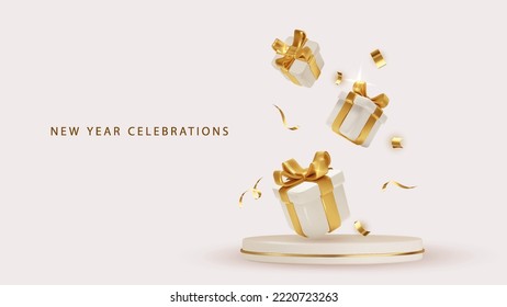 Merry Christmas Product podium scene with 3d realistic white gift boxes with golden bows and holiday decor. Realistic vector holiday concept. Festive banner design.