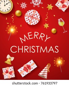 Merry Christmas, promo placard with gifts and bows on them, cap and bells, balls and clock, star-shaped toy on vector illustration isolated on red