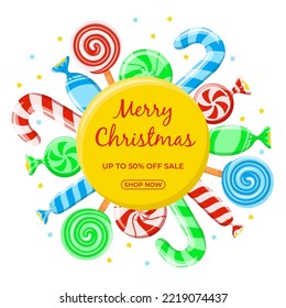 Merry Christmas promo sale banner. Red striped hard candy, candy cane, lollipop, candies in wrapper. Vector illustration for poster, web, flyer, coupon, special offer, promotions, blogs, social media