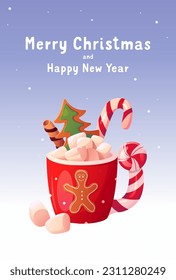 Merry Christmas Promo Template Card. Happy New Year. Hot Chocolate or Cacao in a Mug with Marshmallow, Candy and Cookies. Cute Vector Illustration in Cartoon Style.