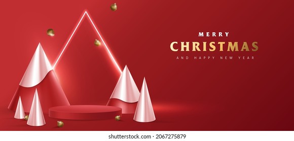 Merry Christmas promotion poster banner with product display cylindrical shape and christmas tree conical shape