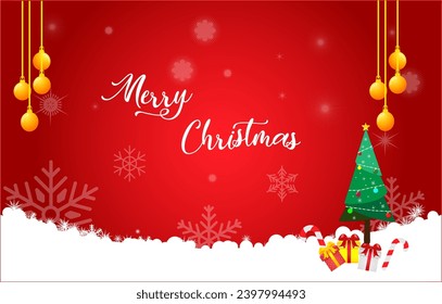Merry Christmas Promotion Poster or banner with christmas tree , light gold, candy cane and gift box in red background style