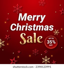 Merry Christmas Promotion Poster or banner with red and golden snowflake and red and golden star with Discount up to 35% off. Shopping or Christmas Promotion in red and black style.