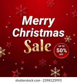 Merry Christmas Promotion Poster or banner with red and golden snowflake and red and golden star with Discount up to 50% off. Shopping or Christmas Promotion in red and black style.