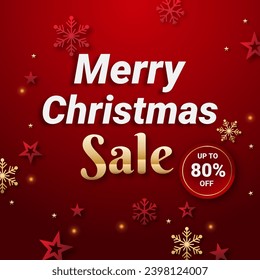 Merry Christmas Promotion Poster or banner with red and golden snowflake and red and golden star with Discount up to 80% off. Shopping or Christmas Promotion in red and black style.