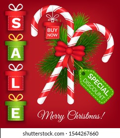 Merry Christmas promotional poster vector, special discounts and sales from shops. Proposals for clients, deals for shoppers on winter holidays. Candy with bow and pricetag. Present hanging on sweets