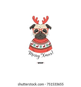 Merry Christmas Pug dog portrait