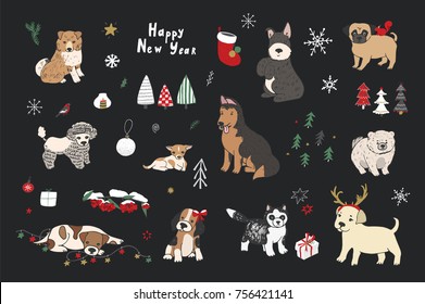 Merry Christmas puppy dogs illustrations set