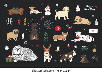 Merry Christmas puppy dogs illustrations set