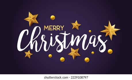 Merry Christmas purple background with calligraphic hand written text happy xmas. Vector illustration with text, and golden stars and beads balls decoration