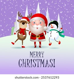 Merry Christmas purple banner design. Calligraphy with cartoon characters of deer, Santa Claus and snowman. Can be used for greeting cards, posters, leaflets