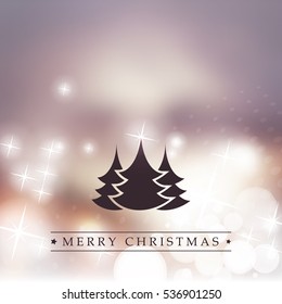 Merry Christmas - Purple and Golden Modern Style Happy Holidays Greeting Card with Tree Silhouette on Sparkling Bright Blurred Background