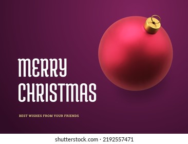 Merry Christmas purple gradient fashion greeting card decorative design realistic 3d icon vector illustration. Happy New Year traditional winter holiday congratulations banner red premium ball toy