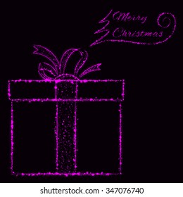 Merry Christmas of purple lights card with gift box