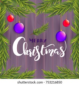 Merry Christmas quote, background with fir branches, vector illustration 