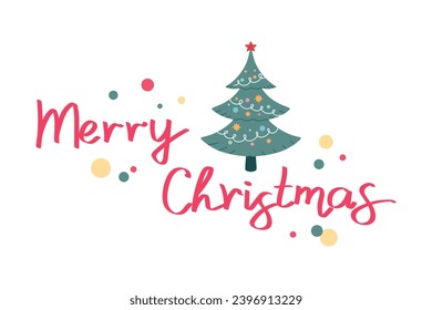 Merry Christmas quote decorated with Christmas tree and confetti. Hand drawn lettering. Vector illustration