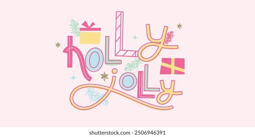 Merry Christmas quote with gift, pine leaf element background vector. Holly jolly illustration doodle style alphabet for t-shirt, sticker, print, poster, social media
.