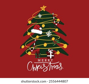 Merry Christmas quote handwriting calligraphy and tree. Vector illustration design.