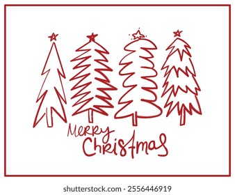 Merry Christmas quote handwriting calligraphy text and trees. Vector illustration design.