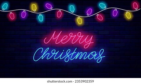 Merry Christmas quote. Happy New Year neon greeting card. Light horizontal invitation flyer. Colorful light bulb garland. Luminous inscription emblem. Winter holiday event. Vector stock illustration