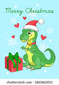 Merry Christmas quote. Happy t rex with red gift box and snowflakes. Illustration for holiday card