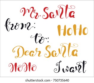 Merry Christmas quote lettering  Dear Santa, Ho ho, I want Typography designs Vector logo, emblem, phrase. Usable for banners, greeting cards, gifts 