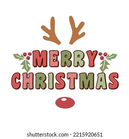 Merry Christmas quote with reindeer red nose in retro style. 70s 60s nostalgic poster or card.
