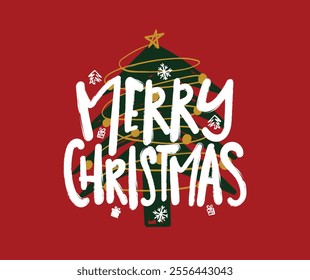 Merry Christmas quote saying and tree with decorations. Vector illustration design.