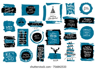 Merry Christmas quote set with modern calligraphy, lettering and grungy hand drawn textures. Brush strokes, smears, circles, rectangles. Hand drawn elements collection in vector