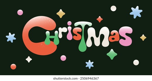 Merry Christmas quote with sparkle background vector. Christmas illustration chubby style alphabet for t-shirt, sticker, print, poster, social media.
