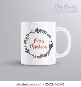 Merry Christmas quote. Vector lettering for t shirt, poster, card. Christmas concept with mug mockup