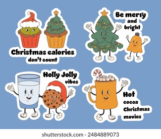 Merry Christmas quotes, cute retro groovy winter holiday characters sticker set. Christmas tree, cocoa mug. Be merry and bright, Holly Jolly vibes, Hot cocoa and movies, Christmas calories don't count