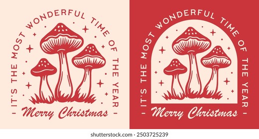 Merry Christmas quotes greeting card design it's the most wonderful time of the year. Magic mushroom forest illustration holiday season red cottagecore witchy aesthetic printable decor cut file.