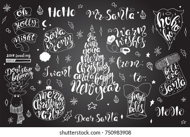 Merry Christmas quotes lettering set Happy New Year 2018 Typography designs Vector logo, emblems, phrases. Usable for banners, greeting cards, gifts 