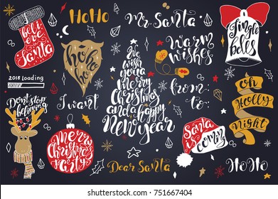 Merry Christmas quotes lettering set Happy New Year 2018 Typography designs Vector logo, emblems, phrases. Usable for banners, greeting cards, gifts 