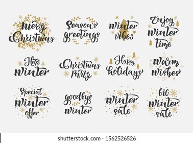 Merry Christmas quotes Set. Winter Holiday text. Calligraphy, lettering design. Typography for postcards, posters, banners. Vector illustration