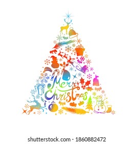 Feliz Navidad. Un árbol de Navidad arcoiris hecho de elementos gráficos. Ilustración del vector
