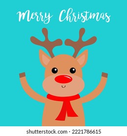 Merry Christmas. Raindeer deer head face. Big horns. Red nose, scarf. Happy New Year. Cute cartoon kawaii baby character. Funny animal. Flat design. Hello winter. Blue background. Vector illustration