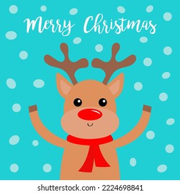 Merry Christmas. Raindeer deer head face. Big horns. Red nose. Happy New Year. Cute cartoon kawaii baby character. Funny animal. Flat design. Hello winter. Blue snow background. Vector illustration