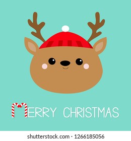 Merry Christmas. Raindeer deer round head face icon. Red hat, nose, horns. Happy New Year. Cute cartoon kawaii baby character. Funny animal. Flat design. Hello winter. Blue background. Vector