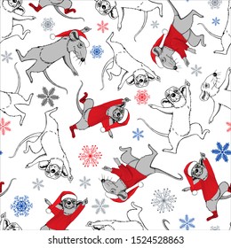Merry Christmas rats seamless pattern. Rats in santa claus clothes. 