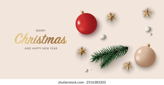 Merry Christmas realistic 3d banner with xmas decoration ball, golden stars, pine leaf, and snow ball. Vector illustration for greeting card, noel, flyer, brochure, discount, promotion, voucher